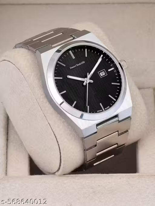 Men’s Silver Watch with Black Dial | Elegant Analog with Date Display